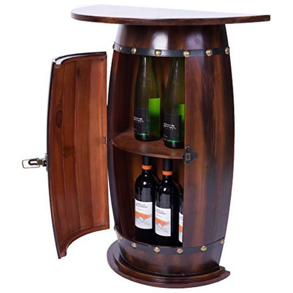 Vintiquewise Wooden End Table Rustic Lockable Barrel Shaped Wine Bar Cabinet, Brown