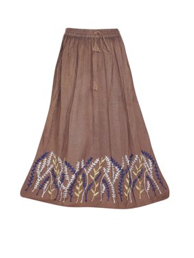 Mogul Brown Embroidered A-Line Gypsy Tiered Summer Rayon Long Skirts