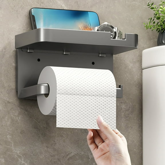 Xhegex Self Adhesive Toilet Paper Holder with Phone Shelf - Plastic Wall Mounted Toilet Paper Roll Holder - Rustproof and Bathroom Washroom Tissue Roll Holder with Shelf - Dark Gray