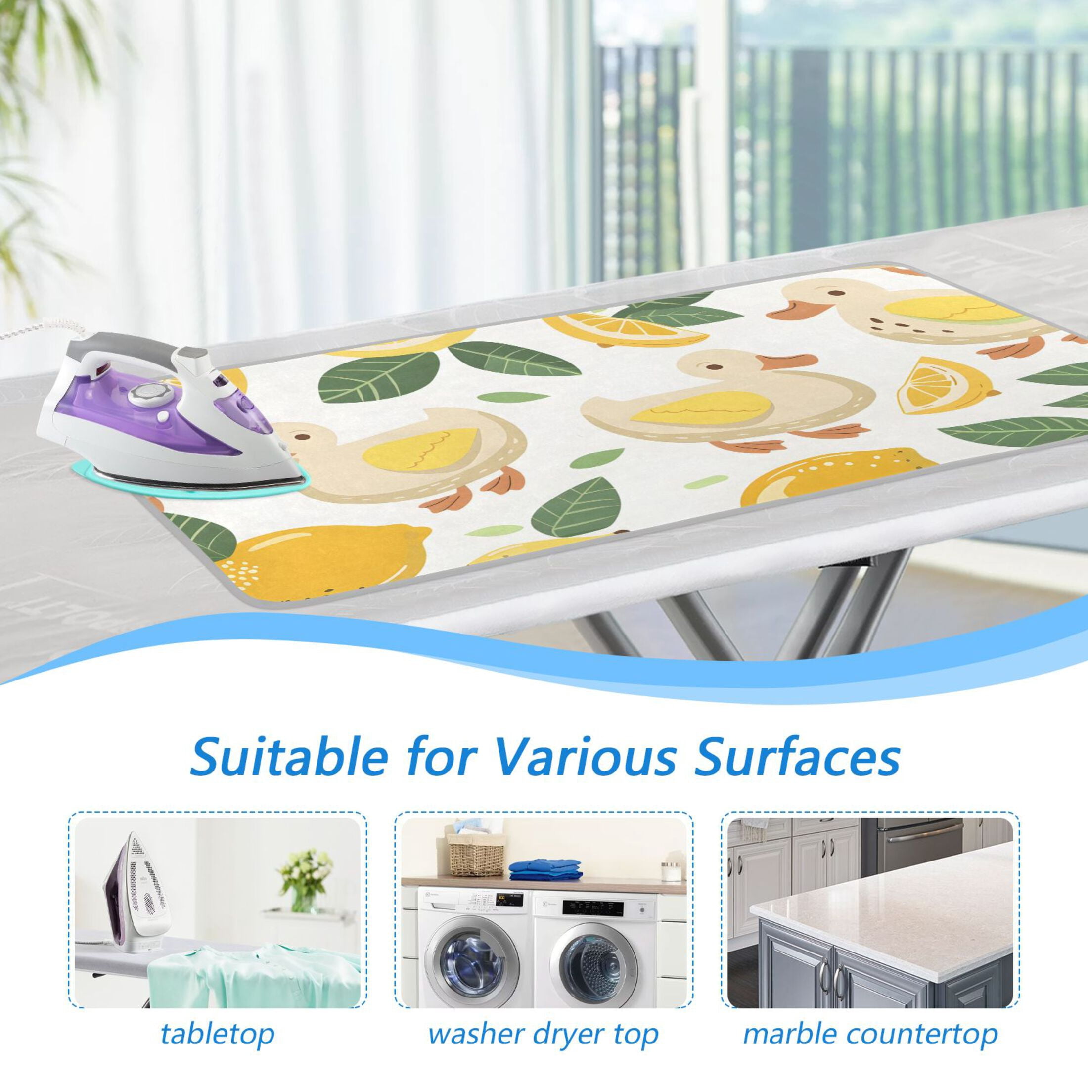 Cartoon Duck Lemon Leaves Ironing Mat Blanket Portable Travel Ironing Pad Heat Resistant Pad 47.2" x 27.6”