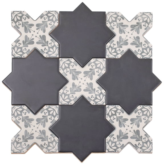 Siena 5" Charcoal Black Star with Gray Cross Deco Matte Ceramic Wall and Floor Tile (10.76 sq ft/case) - 54 Pack