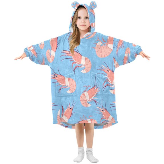 Wearable Blanket with Sleeves and Pocket Oversized Hooded Sweatshirt 3-14 YR Cartoon Shrimps Pattern S
