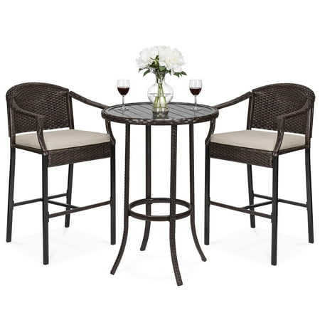 Best Choice Products 3-Piece Outdoor Wicker Bar Height Table Set w/ Bar Stools, Cushions, Steel