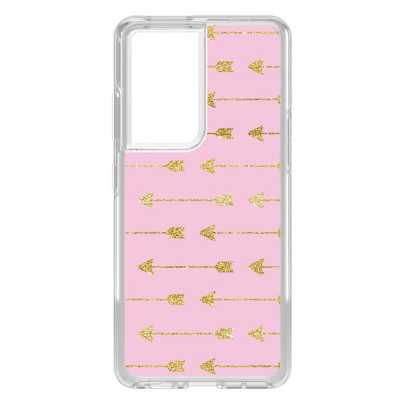 DistinctInk Clear Shockproof Hybrid Case for Galaxy S21 ULTRA 5G (6.8" Screen) - TPU Bumper, Acrylic Back, Tempered Glass Screen Protector - Pink & Gold Print - Arrows Pattern