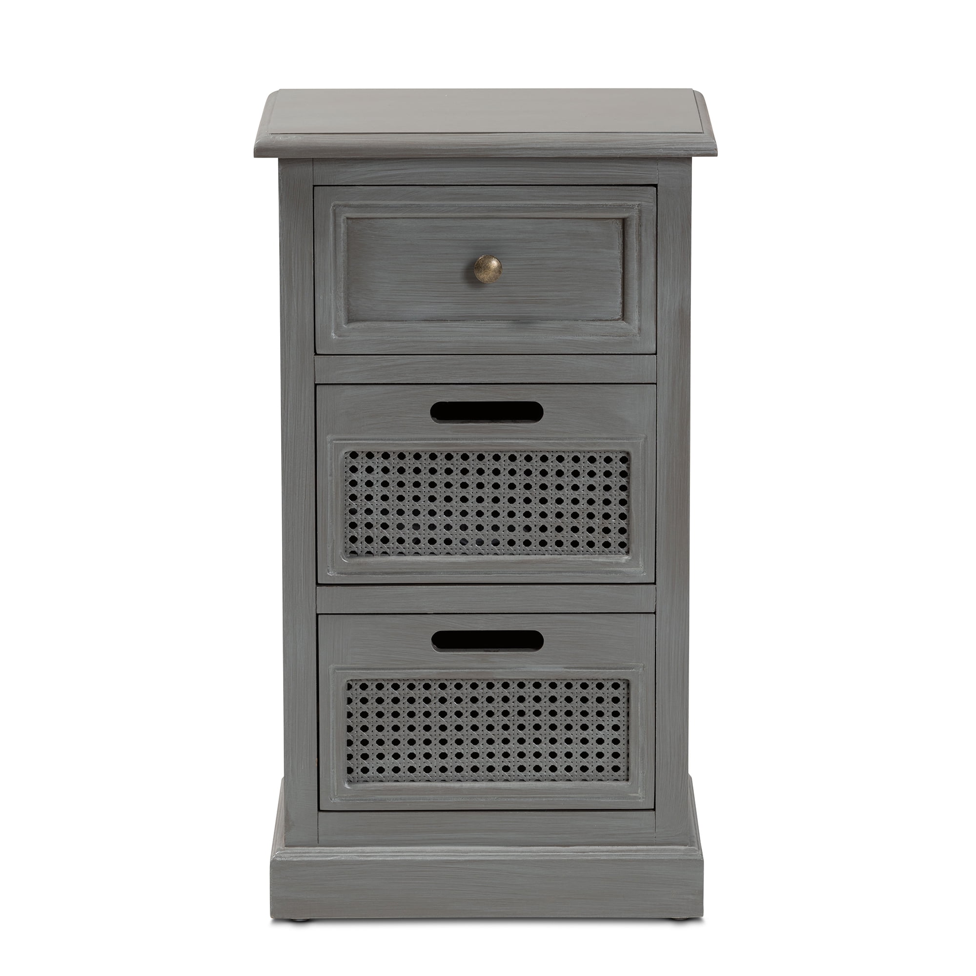 Baxton Studio Sheldon Modern and Contemporary Vintage Grey Finished Wood and Synthetic Rattan 3-Drawer Nightstand