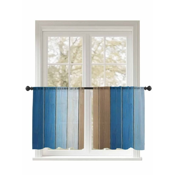 Blue Brown Sheer Curtains 45 Inch Long 2 Panels, Gradient Wood Grain Farmhouse Retro Striped Light Filtering Rod Pocket Semi Sheer Curtains, Sheer Voile Drapes for Living Room Bedroom, 52"x45"