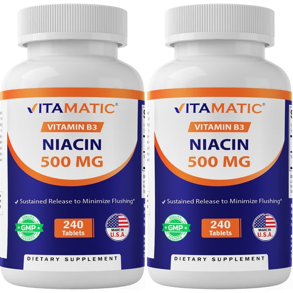 Vitamatic Niacin (Vitamin B3) 500mg, Sustained Release, 240 Tablets - Non-GMO & Gluten Free- 2 Pack
