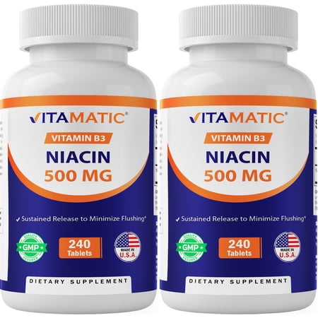 Vitamatic Niacin (Vitamin B3) 500mg, Sustained Release, 240 Tablets - Non-GMO & Gluten Free- 2 Pack