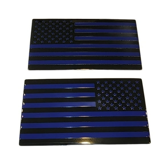(Set of Two) 3"x5" Black Thin Blue Line Aluminum Embossed Left & Right American Flag Decal Emblem Sticker Badge United States Stick On Fender Bed Car Truck Window Glass USA Made