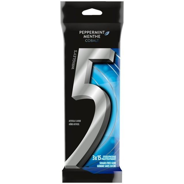 5 GUM, Peppermint-Cobalt Flavoured Sugar Free Chewing Gum, 15 Sticks, 3Packs