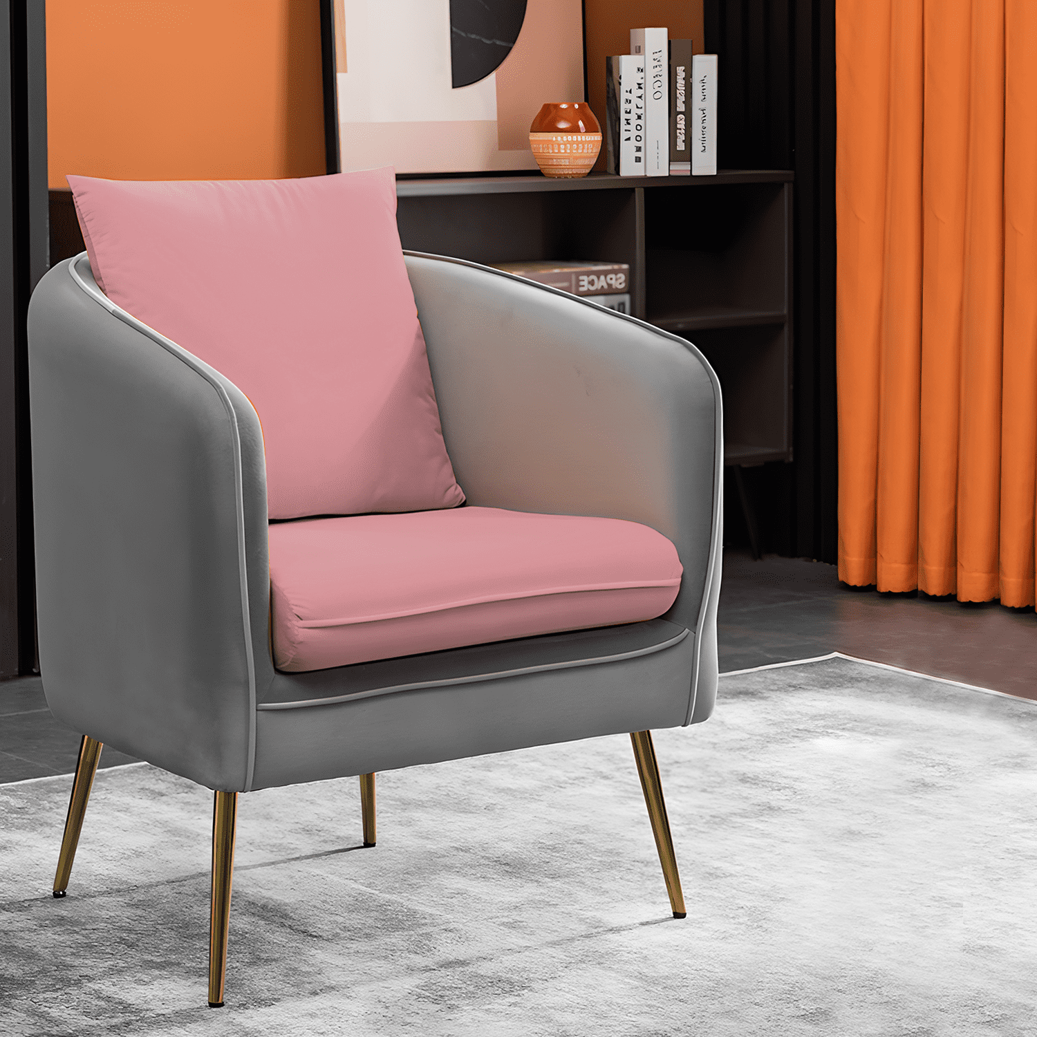 Magshion Accent Chair Upholstered Arm Chair with Armrest Living Room Chair Single Sofa Comfy Barrel Chair with Cushion for Bedroom, Pink/Grey
