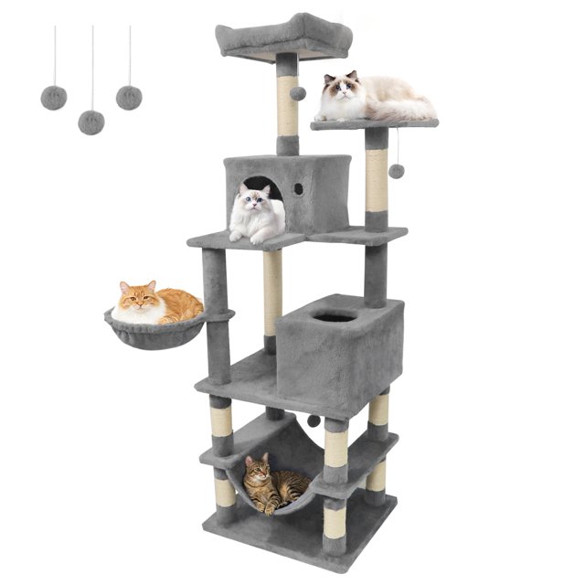 Gymax 66'' Tall Cat Tree w/2 Condos Sisal Scratching Posts Plush Perch Hammock Basket Light Gray