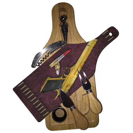 Gold Natural Wood Cheese Board - KuzmarK Wine & Cheese Glass Cutting Board Wood Box Gift Set - Designer Gold Gun