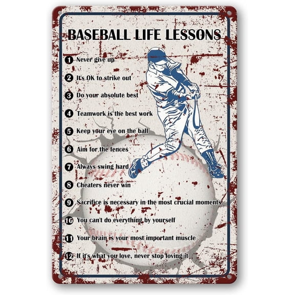 Baseball Life Lessons Never Give Up Metal Wall Art Sign, 8x12 Inch Tin Home Decor