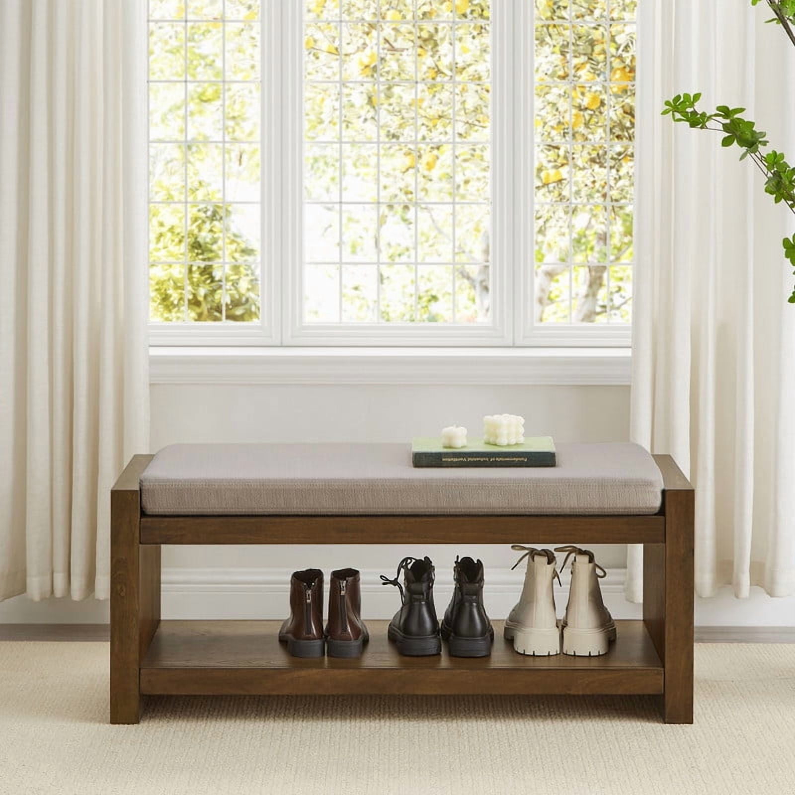 40" Entryway Shoe Rack Bench with Storage Shelf, Upholstered Bench Seat with Removable Cushion, Wooden Shoe Storage Bench for Entryway Hallway Bedroom Living Room,Linen