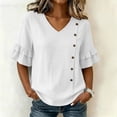 thumbnail image 5 of Ashirexll Short Sleeve Shirts for Women Summer Solid Color V-Neck Three Quarter Pleated Sleeve Button Down Slit Top T-Shirt, 5 of 7