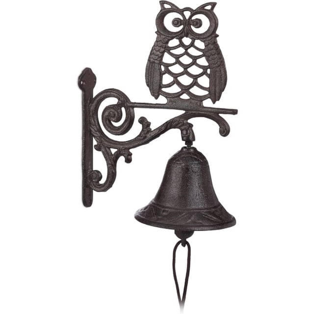 Cast Iron Owl Bell Antique Rustic Wall Doorbell Owl Cord Waterproof Decor Garden Door Dark Brown, Brown