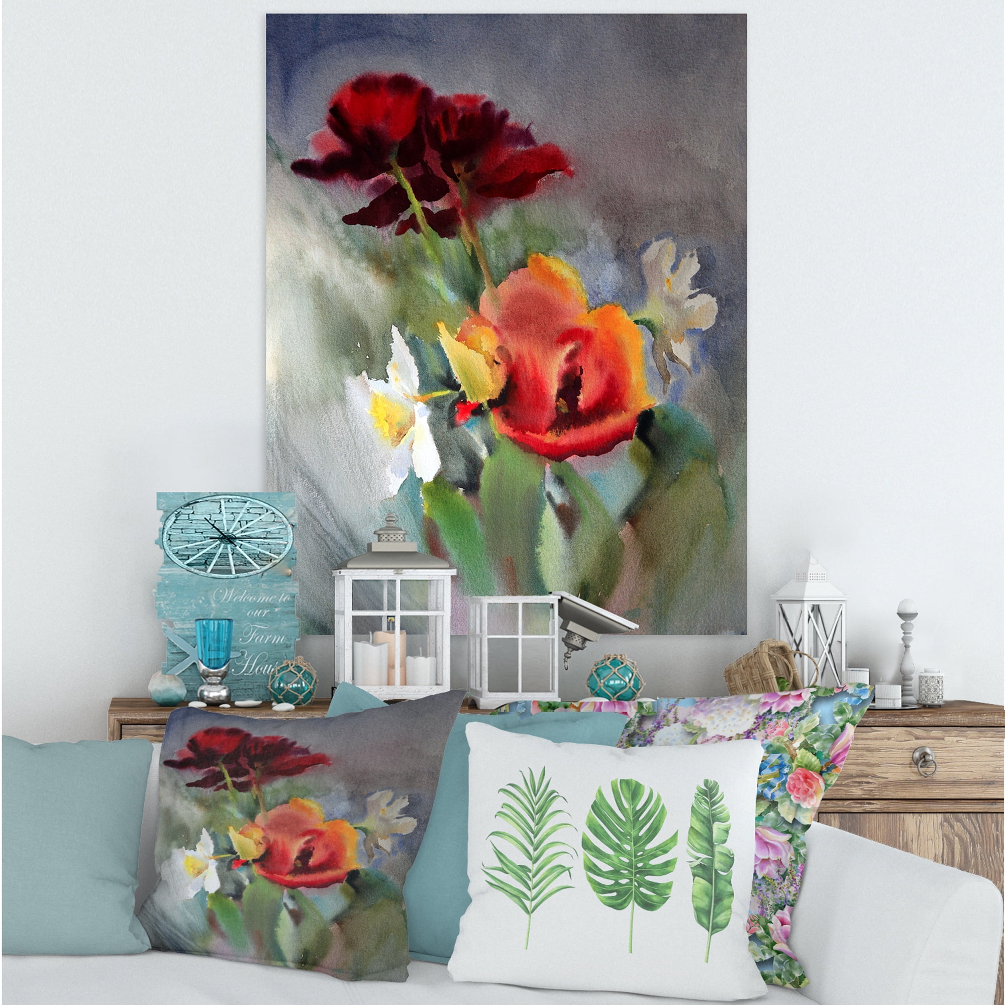 Designart ' Blossoming Vibrant Red Wildflowers ' Traditional Canvas Wall Art Print