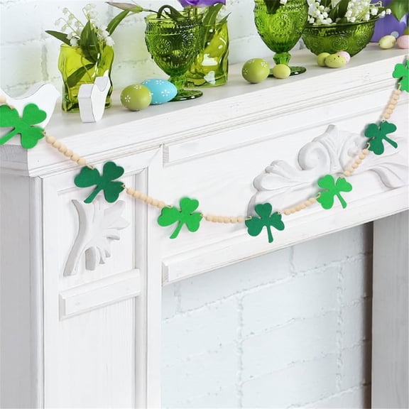 TETOU 4.5ft St. Patrick Day Garland Felt Shamrock Banner with Wooden Beads Fireplace Wall Shelf Home St Patricks Day Decorations