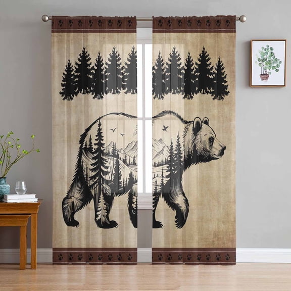ERUNPONLY Brown Black Bear Sheer Curtains 63 Inch Length 2 Panels Set, Farmhouse Cabin Forest Vintage Voile Window Treatment Curtains Sheers Drapes for Bedroom/Living Room/Kitchen 52x"63"x2