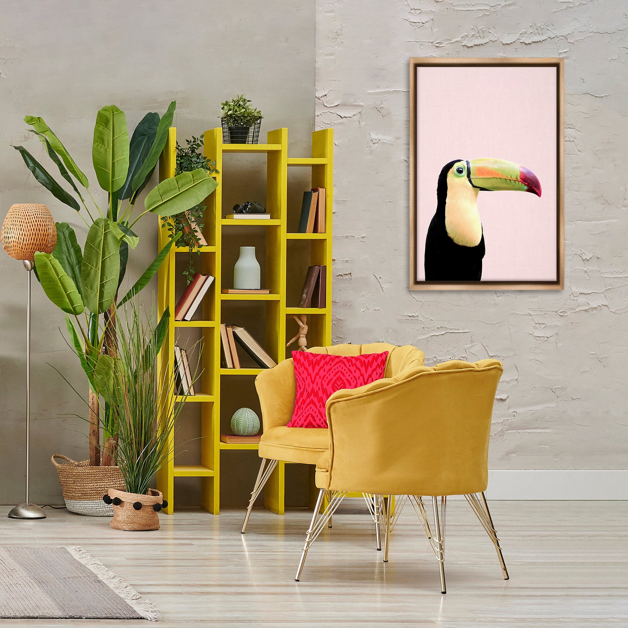 Stupell Industries Pastel Toucan on Pink Animals Painting Brown Floater Framed Canvas Art Print Wall Art, 21 x 31