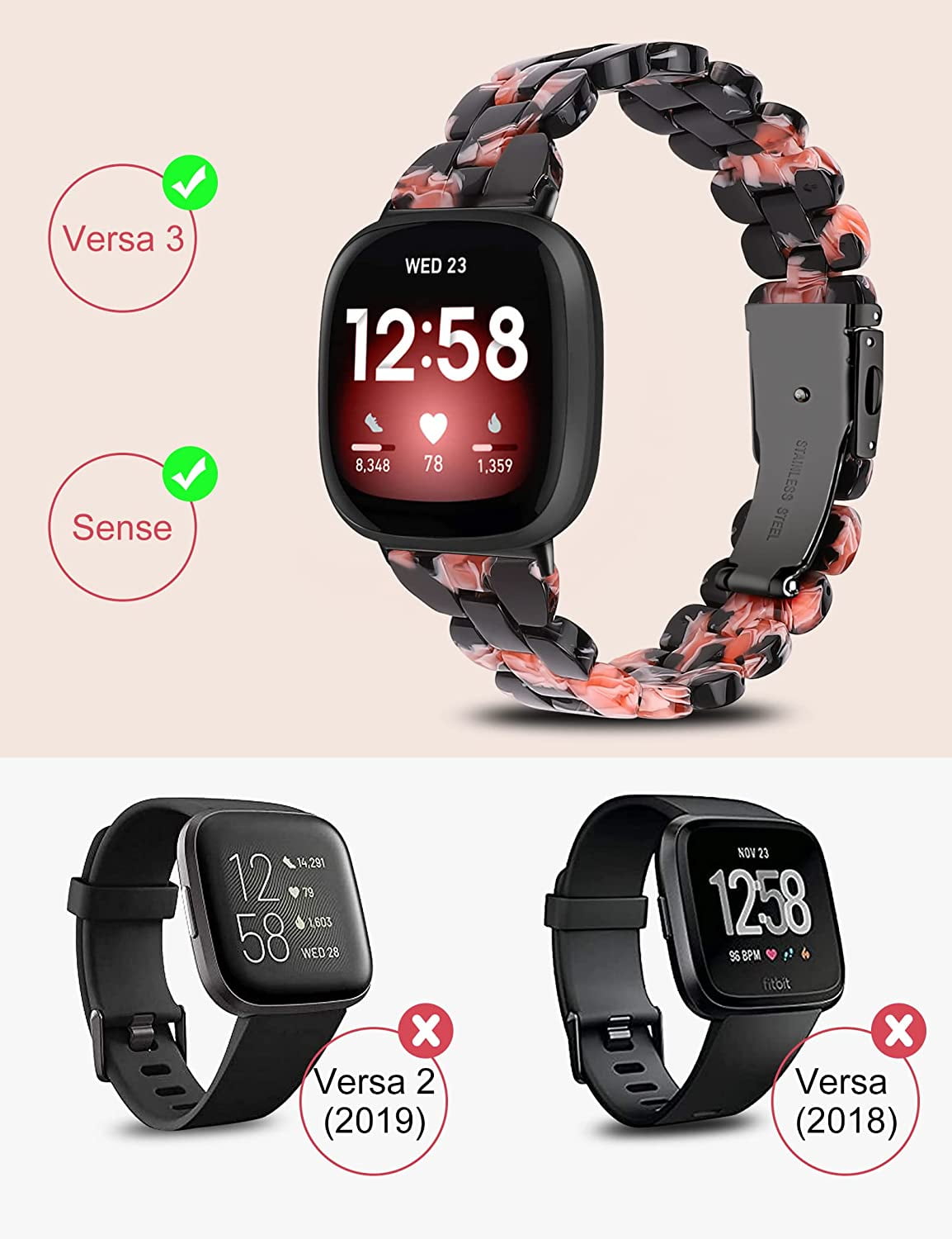 TOYOUTHS Slim Resin Bands Compatible with Fitbit Sense Bands Women, Lightweight Thin Sense Watch Bands for Fitbit Versa 3 Wristbands