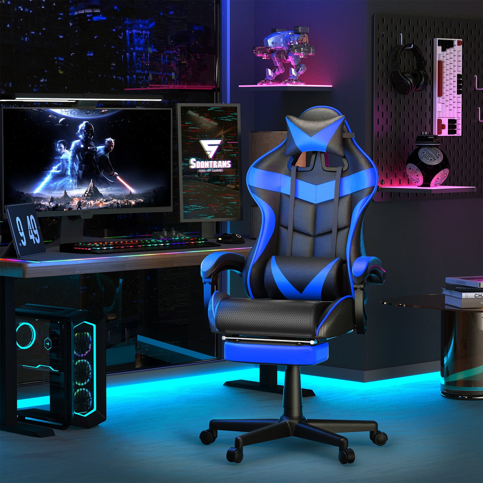 Luxvie Gaming Chair with Footrest High Back Ergonomic Game Chair with Massage Lumbar Pillow and Adjustable Headrest Reclining Gamer Office Chair for Adults, Blue