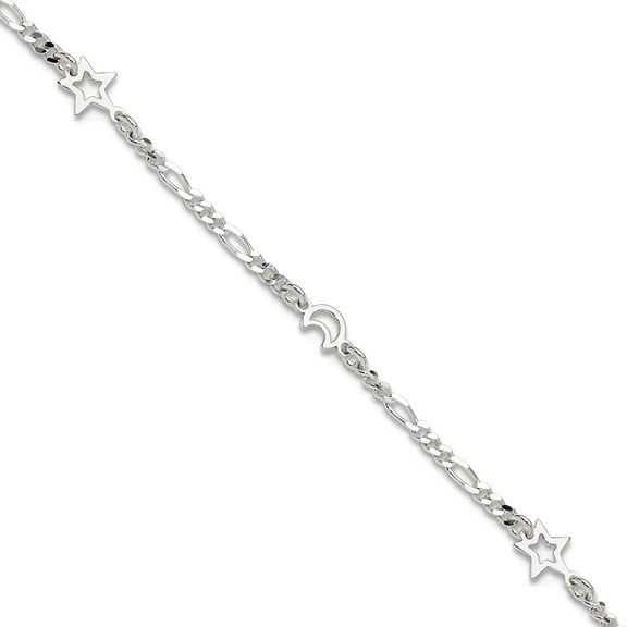 925 Sterling Silver Fancy Lobster Closure Polished Celestial Moon and Star With 1inch Ext. Anklet 9 Inch 6mm Wide Anklet