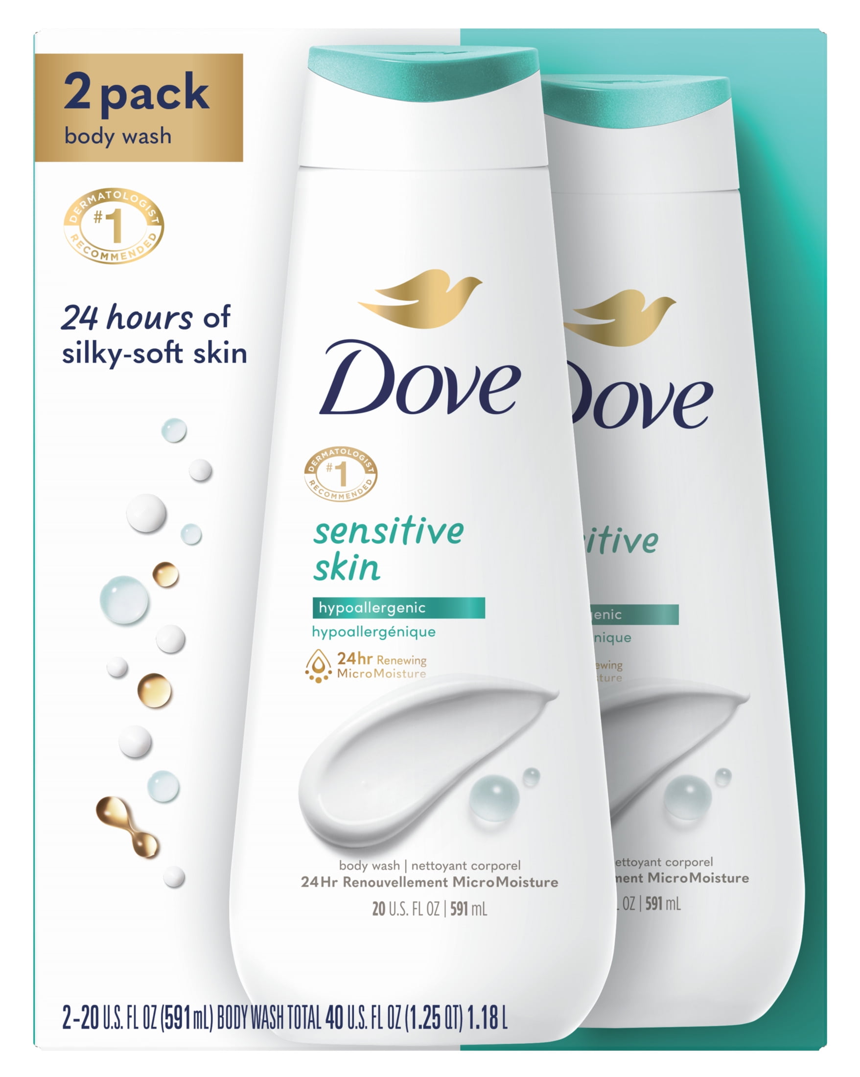 Dove Sensitive Skin Liquid Body Wash Hypoallergenic and Sulfate Free, 20 oz, 2 Count