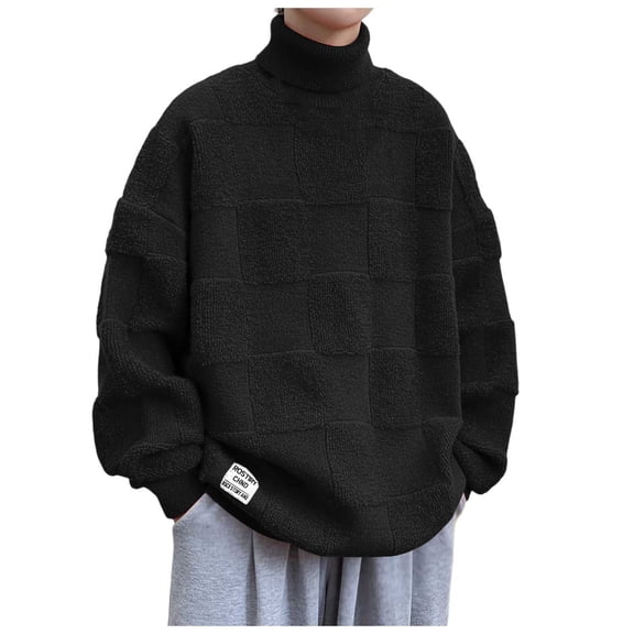 Dpytoraw Male High Neck Fold Over Pullover Sweater For Autumn And Winter Solid Color Plaid Plaid Warm Turtleneck Top