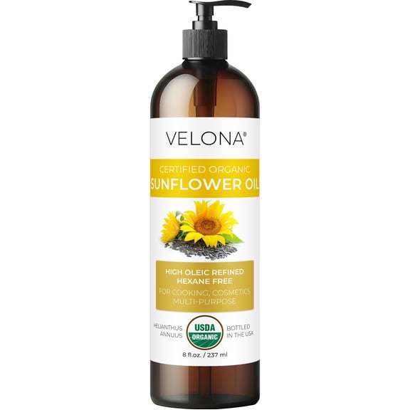 velona USDA Certified Organic Sunflower Oil - 8 Fl Oz | 100% Pure and Natural Carrier Oil | High Oleic, Refined| Cooking, Skin, Hair, Body & Face Moisturizing