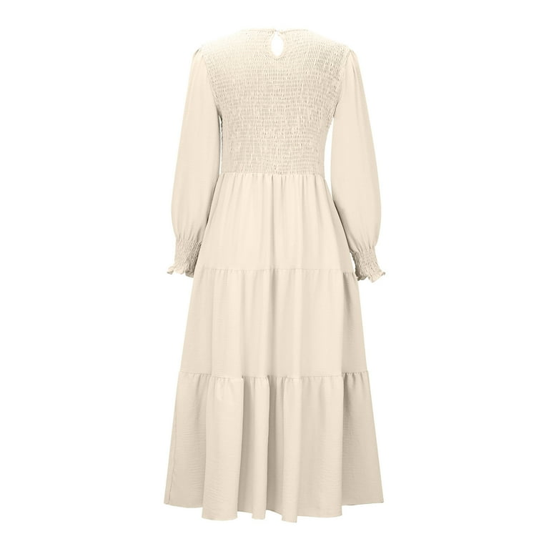 Hfyihgf Women's Fall Dresses Long Sleeve Round Neck Smocked Solid Color  Flowy Pleated Tiered Loose Swing Casual Midi Dress(Beige,M) - Walmart.com