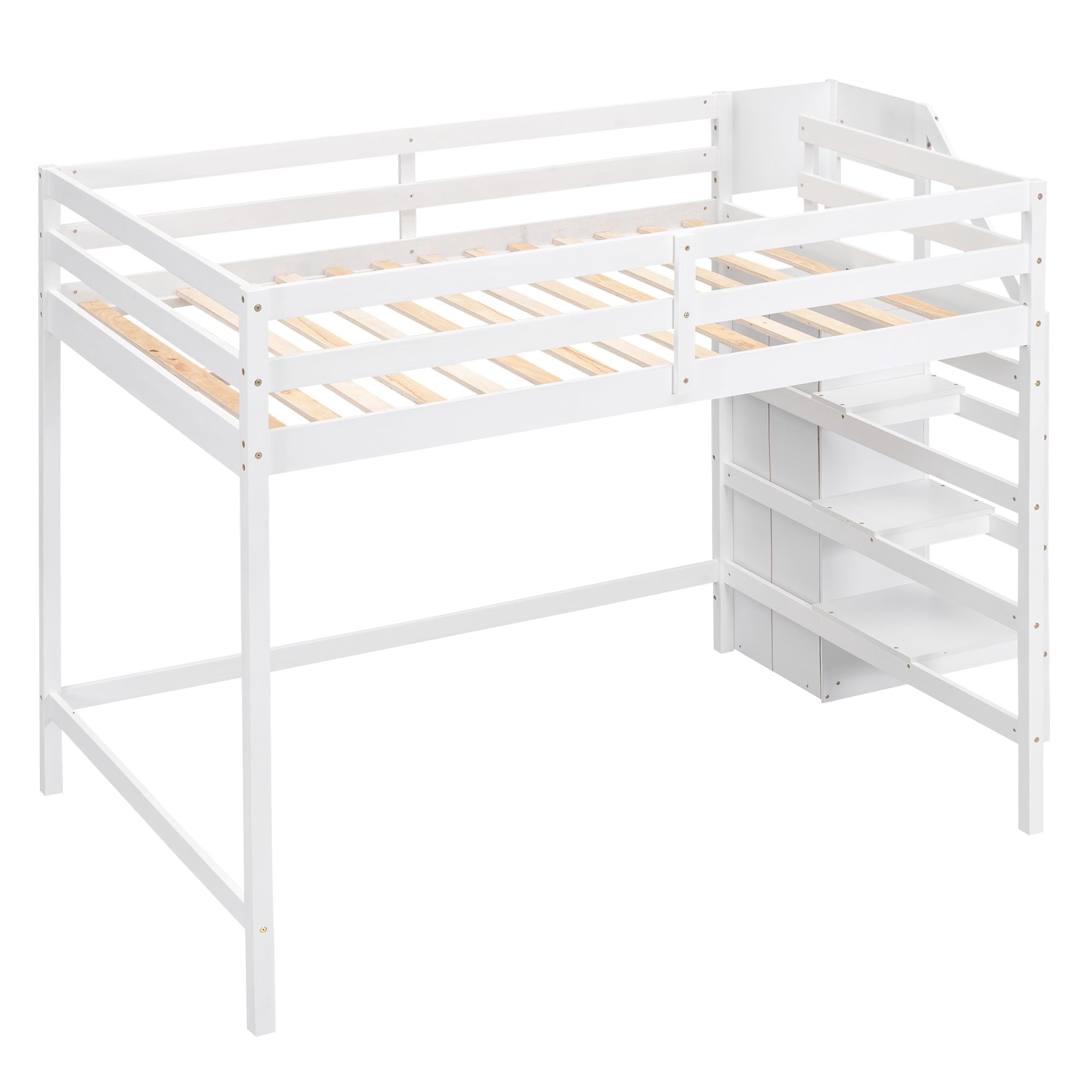 Euroco Wood Full Size Loft Bed with Storage Shelves and Wardrobe, White
