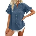 thumbnail image 1 of Timegard Tops for Women Ruched Ruffle Short Sleeve Stand Collar Shirts Casual Loose Button up Blouse, 1 of 5
