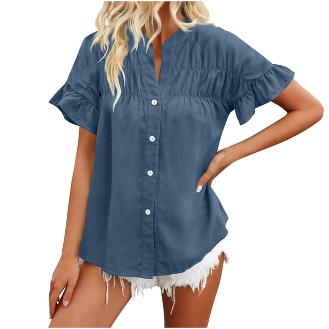 Timegard Tops for Women Ruched Ruffle Short Sleeve Stand Collar Shirts Casual Loose Button up Blouse