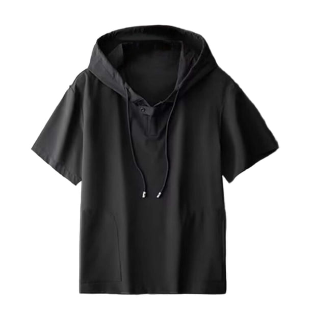 Hombres Pantalones Cortos Color Sólido Manga Corta Blusas Botón Cuello en V con Capucha Bolsillo Casual Top de Moda para Hombres