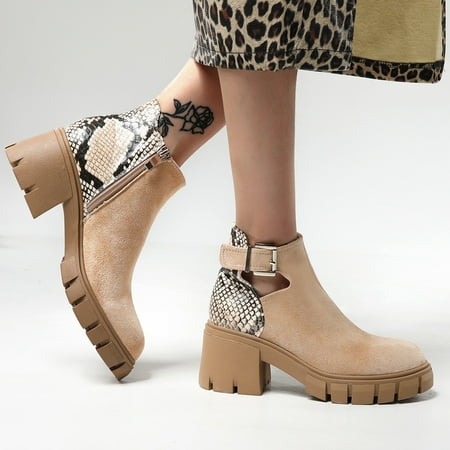 

FZM Women Shoes Fashion Leopard Print Boots Thick Sole Thick Heel Women Boots Breathable Fashion Round Toe Thick Heel Women Boots