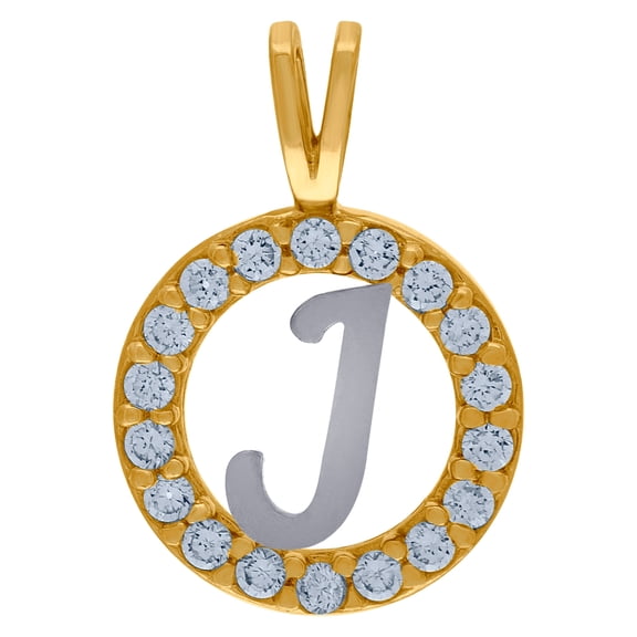 10k Two-tone Gold Unisex Cubic Zirconia Letter Name Personalized Monogram Initial J Round Charm Pendant Necklace 17.7x12