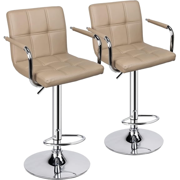 HOMEKOKO Adjustable Bar Stools with Armrest, Square Back Swivel Double Stitching with Back Bar Stool, Set of 2 (Khaki)