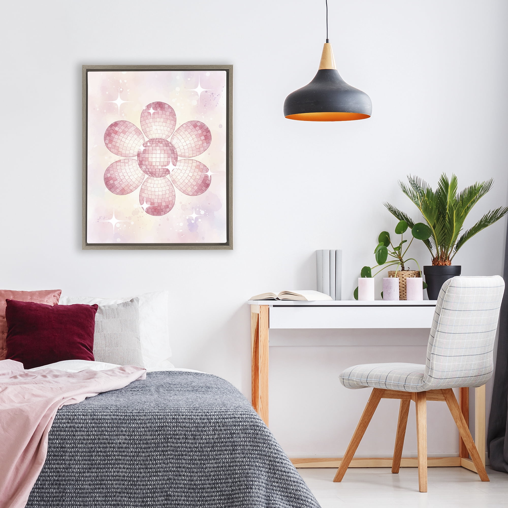 Stupell Industries Dreamy Pink Disco Ball Flower Brown Framed Floater Canvas Wall Art, design by Lil' Rue