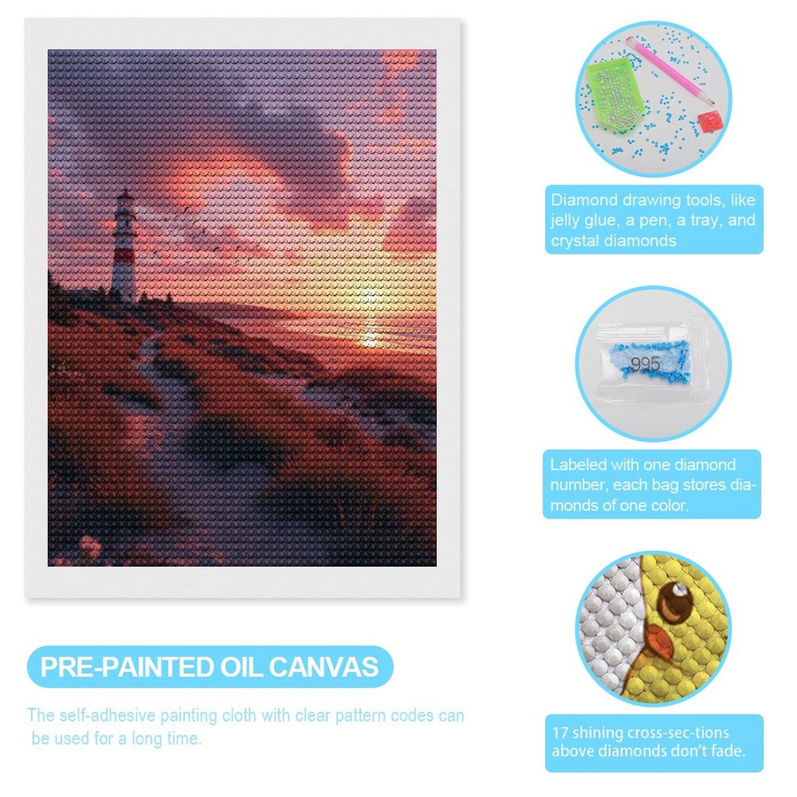 Diamond Art Kits for Adults, Sunset Lighthouse Coastal Pathway 5D Diamond Painting Kits for Adults Beginners, DIY Full Drill Diamond Painting, Gem Art and Crafts 12x16