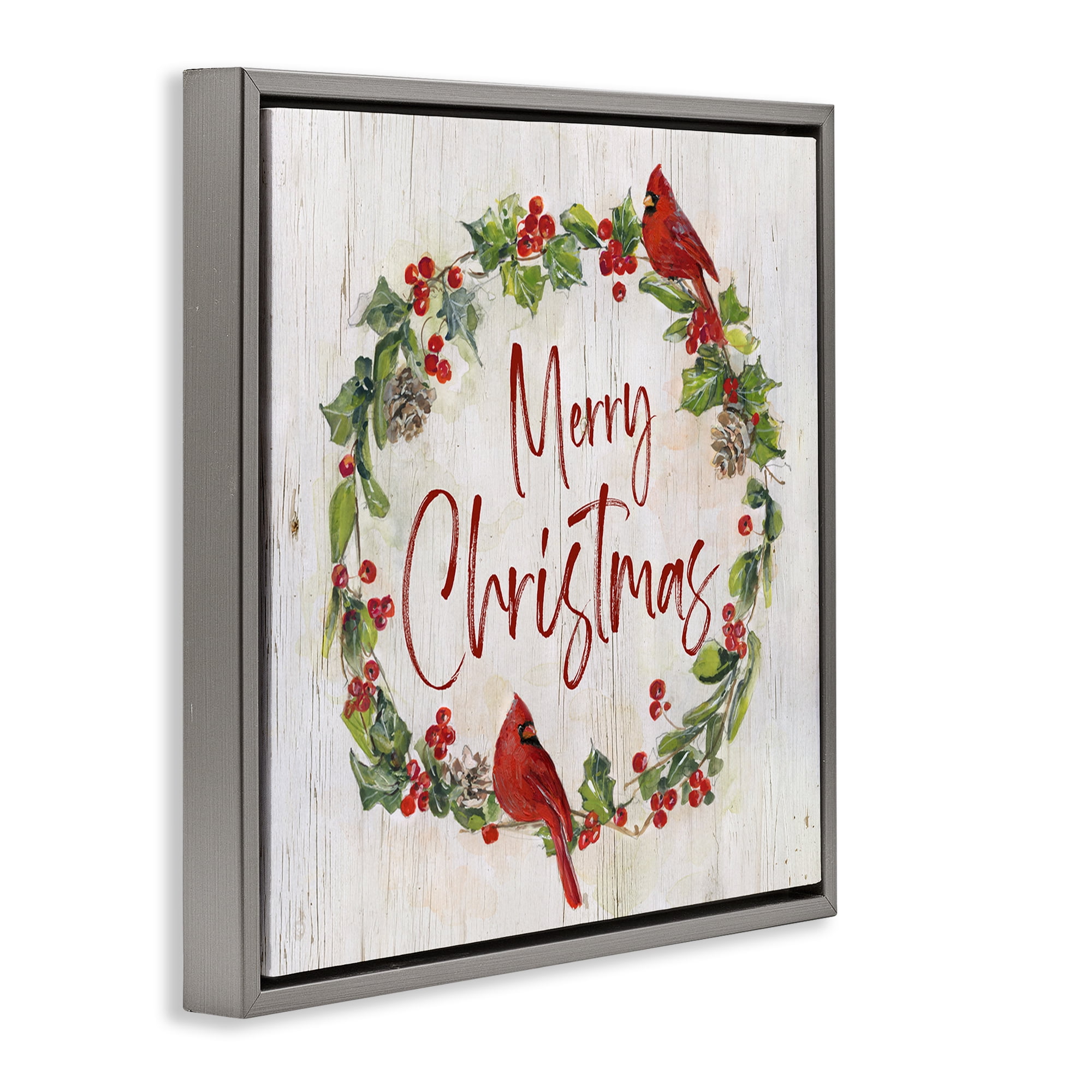 Stupell Industries Christmas Seasonal Wreath Holiday Painting Gray Floater Framed Canvas Art Prints Wall Art, 18 x 18