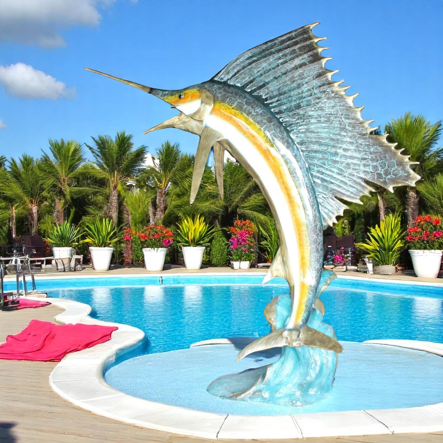 Nifao Sailfish with Four Mahi Mahi Outdoor Fountain Statue, Bronze Garden Water Feature Sculpture for Patio & Yard – Garden Outdoor Decor Sculpture, 90"L x 34"W x 90"H