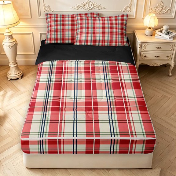 Manfei Minimalist Plaid Zipper Twin Comforter Sets with Fitted Sheet and 2 Pillowcases,Vintage Check Art Zipper Bedding Set,Red,Black Reversible,4pcs