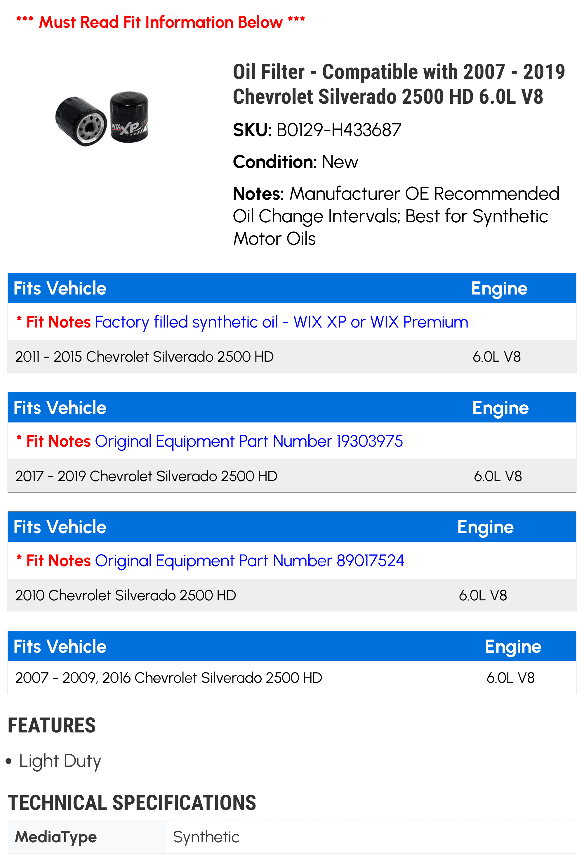 Oil Filter - Compatible with 2007 - 2019 Chevy Silverado 2500 HD 6.0L V8 2008 2009 2010 2011 2012 2013 2014 2015 2016 2017 2018