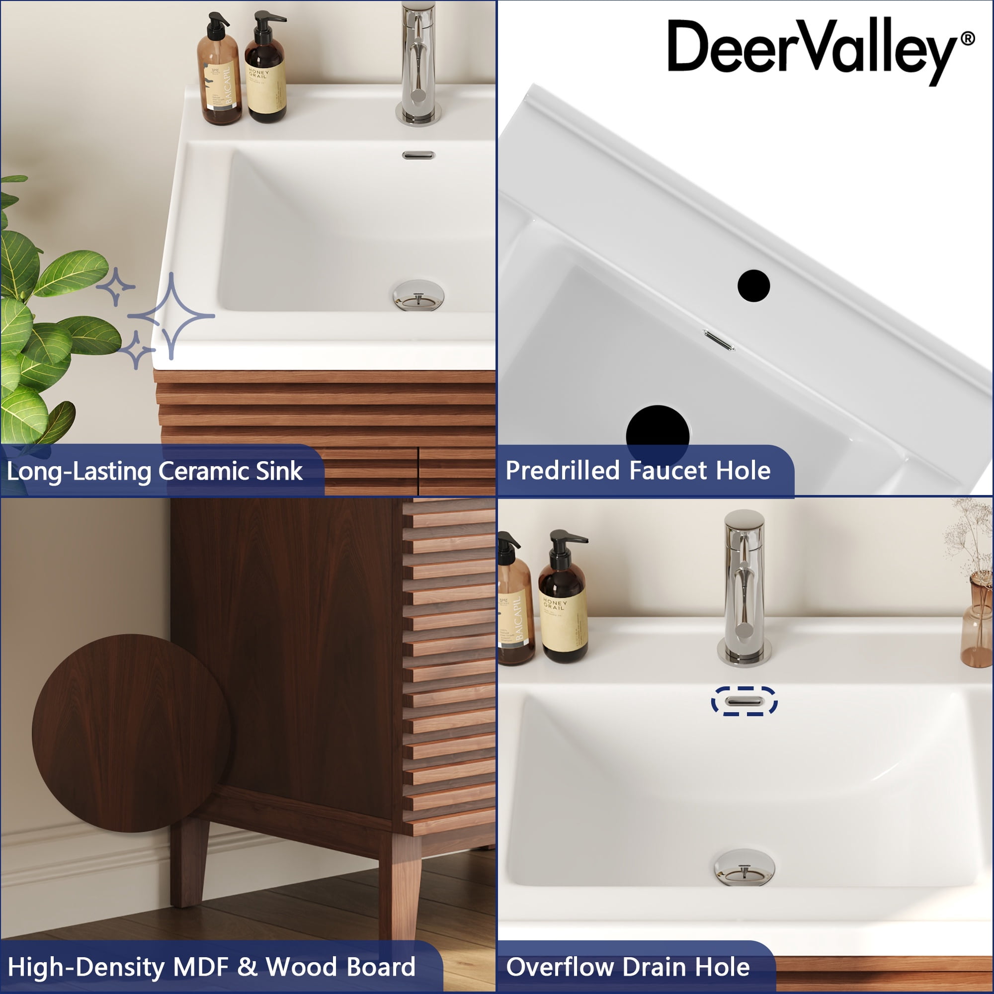 24" Bathroom Vanity with Ceramic Sink Top, Pre-assembled Mid-Century Wood Bathroom Cabinet Walnut