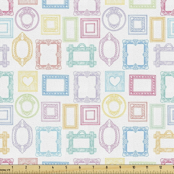 Colorful Sofa Upholstery Fabric by the Yard, Various Picture Frames in Different Color in Hand Drawn Style, Decorative Fabric for DIY and Home Accents, Pale Blue Pastel Brown White by Ambesonne