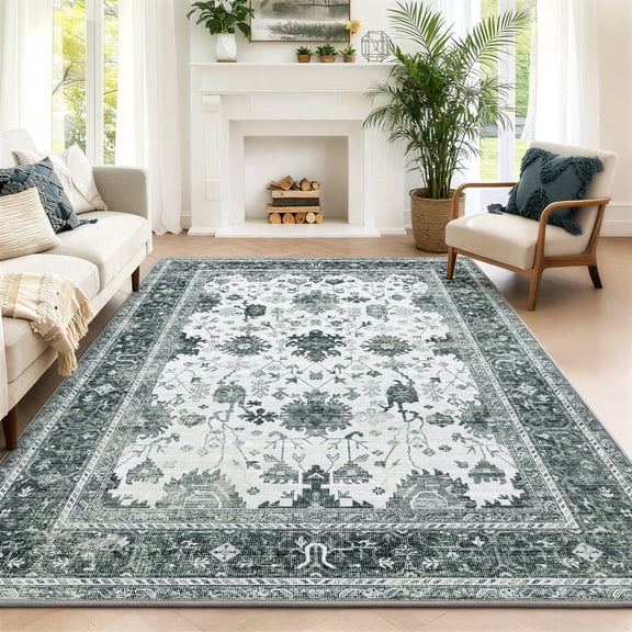 WANLISELL 6' x 9' Area Rugs for Living Room, Non-Slip Machine Washable Rug Vintage Soft Non-Shedding Indoor Carpets, Green Beige