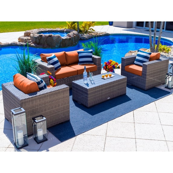 Sorrento 4-Piece M Resin Wicker Outdoor Patio Furniture Conversation Sofa Set in Gray w/ Loveseat, Two Armchairs, and Coffee Table (Flat-Weave Gray Wicker, Sunbrella Canvas Tuscan)