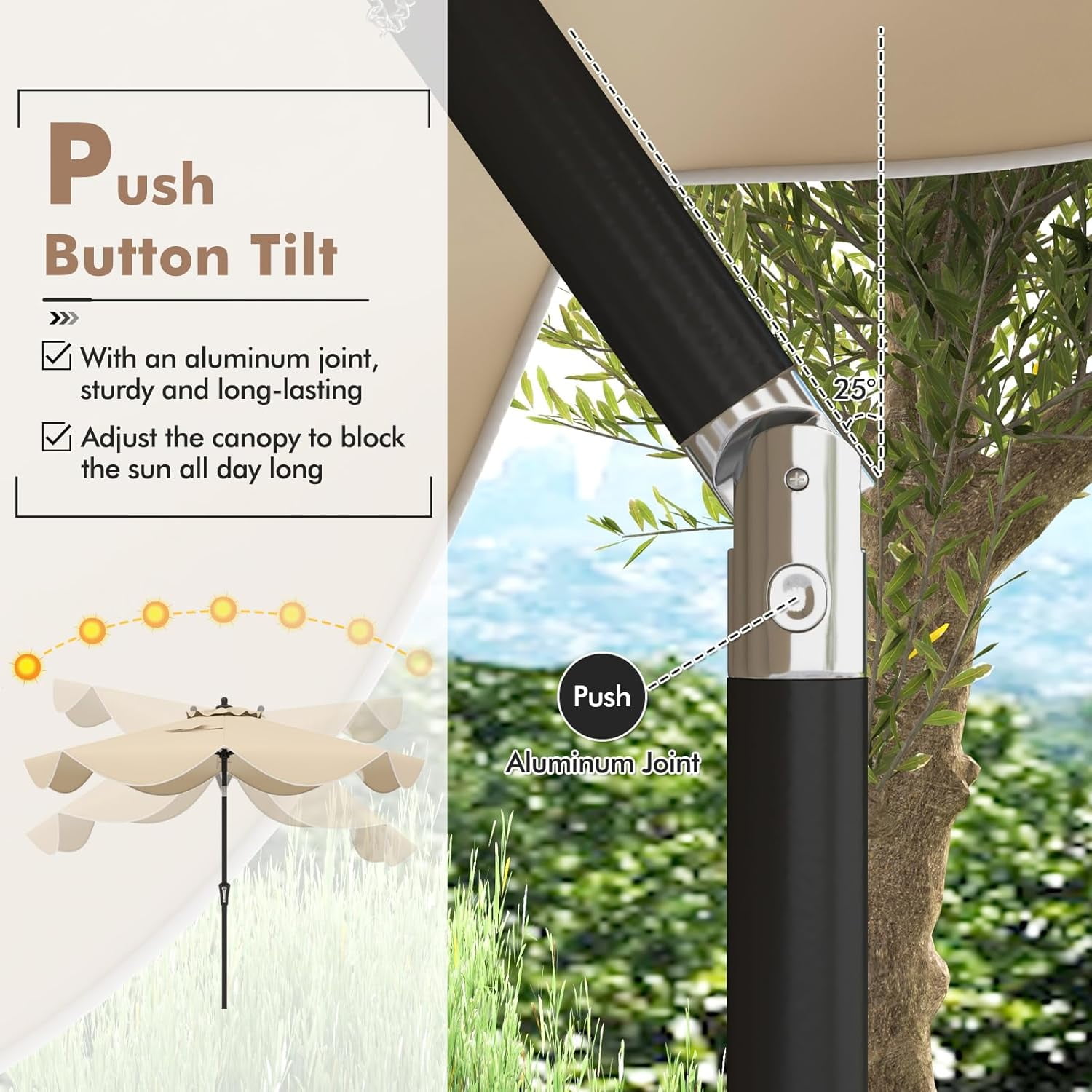 ZYPPP  9Ft Patio Umbrella, Outdoor Umbrella with Crank Handle, Push Button Tilt, 2-Tier Beach Umbrella with Sun-Protective Canopy, 8 Ribs, Scalloped Patio Umbrella for Outdoor Deck Pool Table (Beige)